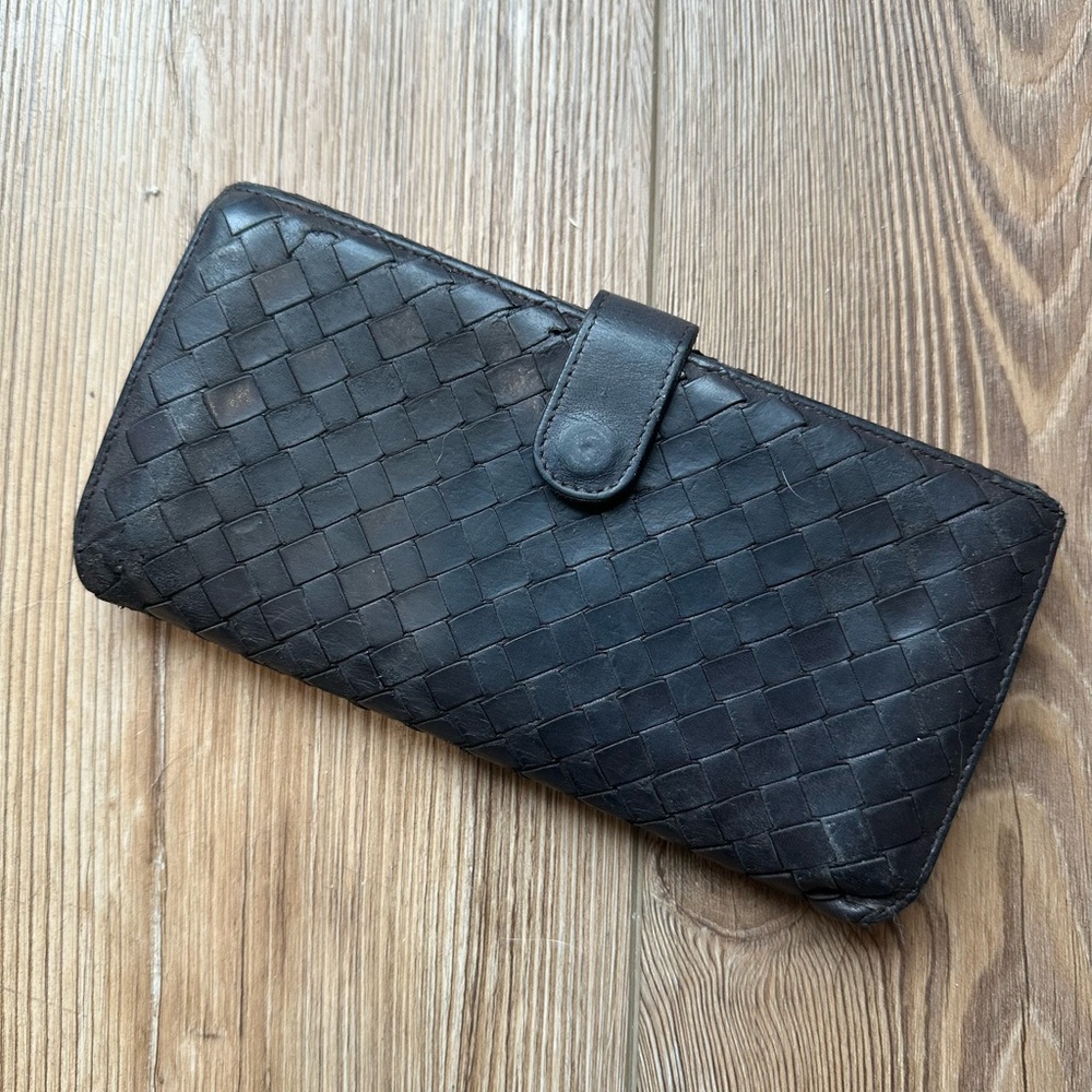 Bottega Veneta Dark Brown Woven Leather Wallet